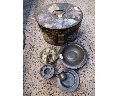 PAINTED HAT BOX WITH METAL CANDLESTICK &amp; HOLDER, 2 PEWTER DISHES, PEWTER INKWELL &amp; A SMALL PEWTER CUP