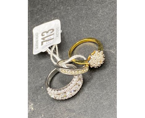 A LARGE SILVER &amp; CZ DRESS RING &amp; 2 OTHERS (3)