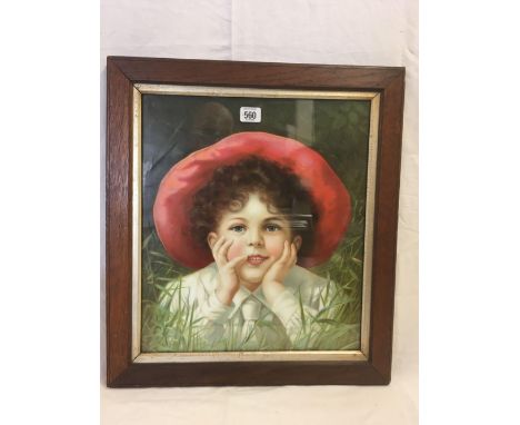 EDWARDIAN PORTRAIT COLOUR PRINT OF A CHILD WITH A RED HAT SITTING IN GRASS, 20 X 18”