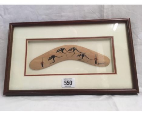 ABORIGINAL ART PAINTING OF KANGAROOS ON BOOMERANG SHAPED WOODEN PANEL, SIGNED PETER MULCAHY, WITH LABEL TO REVERSE  7" X 12”
