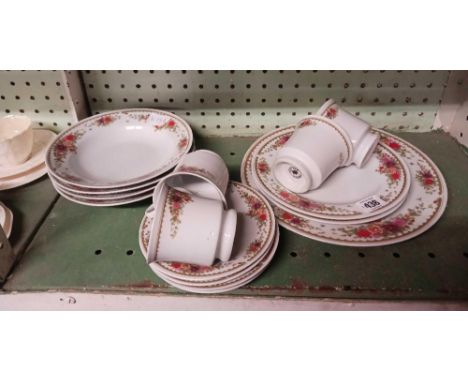 PART CROWN STAFFORDSHIRE TEA SERVICE WITH 4 CUPS, SAUCERS, BOWLS, 2 SIDE PLATES &amp; A CAKE PLATE