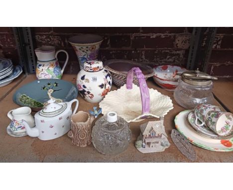 SHELF OF VARIOUS CHINAWARE INCL; JUGS, VASES, MASONS GINGER JAR, FRUIT BASKET