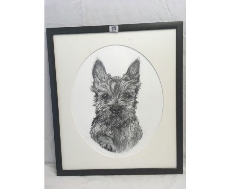 OVAL PORTRAIT IN PEN AND INK OF TOBY, THE TERRIER, INSCRIBED TO REVERSE, 22” X 19”