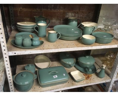 2 SHELVES OF DENBY, COOKING POT, VEG DISHES, SUGAR BOWLS, COFFEE POTS, DINNER PLATES, OVAL PLATES, SAUCERS, CASSEROLE DISH