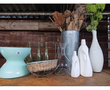 3 GLASS BOTTLES, CRAFT DECORATIVE TWIGS, CHROME PLATED BANANA BASKET, STONE PEBBLES &amp; GLASS VASE BY ANNE NILSSON