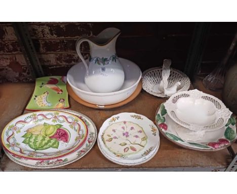 SHELF WITH WASH STAND BASIN &amp; JUG, DECORATIVE PLATES &amp; CERAMIC ROPE BASKET WITH DOVE