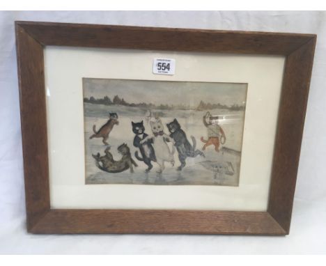 LOUIS WAIN, A HAND COLOURED PRINT “LEARNING TO SKATE” CATS ON A FROZEN LAKE, 12" X 16”