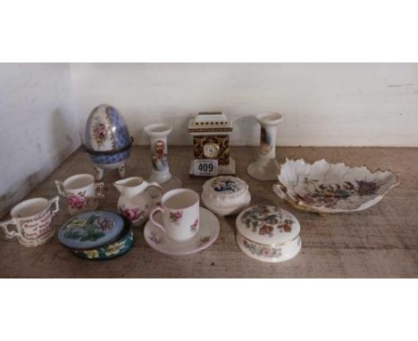 SHELF OF MINIATURE CUPS &amp; SAUCERS, CANDLE HOLDERS ETC