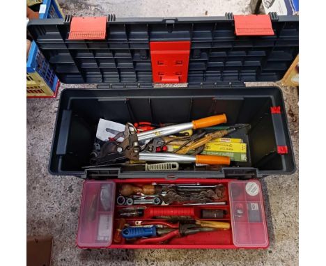 BLACK PLASTIC TOOL BOX WITH MISC TOOLS HAMMERS &amp; ENGINEERS TOOLS