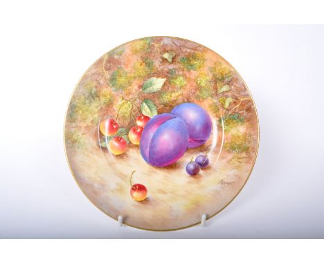 A mid 20th century circa 1950s Royal Worcester hand decorated plate with images of fruit, plums, cherries &amp; blackberries.