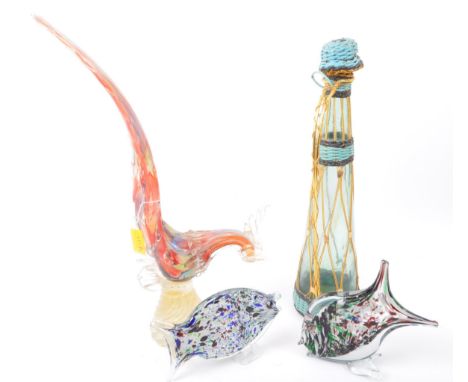 A retro vintage 20th Century Murano Italian glass cockerel. Together with two murano glass fish sculptures and a wicker and m