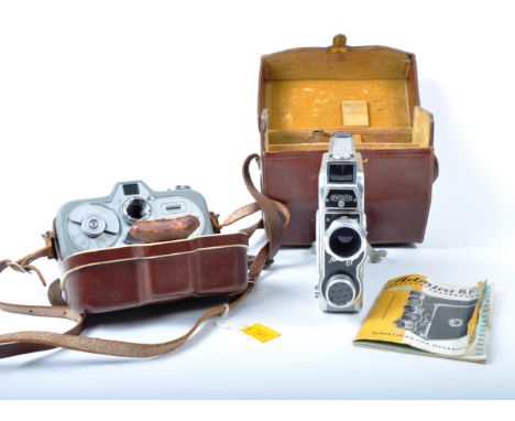 Two vintage movie film cameras. Models are: Meopta Admira 8F fitted with a Mirar 2 x lens with a fitted brown leather case an