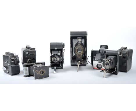 A mixed collection of vintage cameras. Models are: One Kodak Cine Model B, unbranded Cine, Pathe H Scope, Kershaw Eight-20 Pe