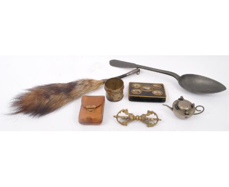 A collection of vintage 20th Century items. Including; a taxidermy tail whip / swatter, miniature pewter teapot inkwell, smal