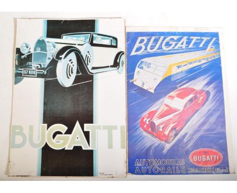Bugatti - Two late 20th Century car / motoring posters for Bugatti. One being a poster featuring the iconic Bugatti racing a 