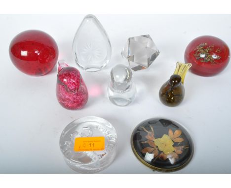 A collection of vintage 20th Century glass paperweights. Including three birds, a Scorpio star sign paperweight, large red ai