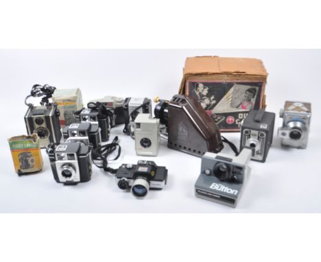 A mixed collection of vintage film cameras. Models are: R F Hunter Ltd London " Gilbert ", Minolta 110 Zoom SLR, 3 x Kodak Br