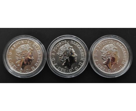 UNITED KINGDOM. Three 2021 1oz 999 silver £2 pounds Britannia bullion coins. Each having a Queen Elizabeth II right profile t