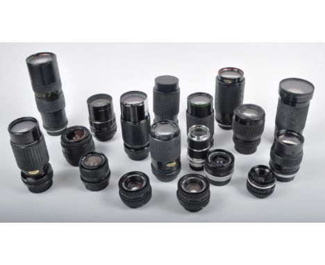 A mixed collection of 15 x camera lenses. Models are: Osawa 85-300mm f5, Sirius 28-200mm f4-5.6, Sigma KII 70-210mm f4.5, Voi