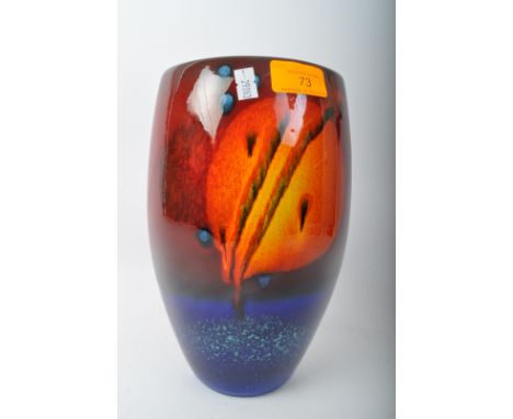 Alan Clarke Studio -&nbsp; A flattened ovoid potter glazed vase, with a timeslip sunset pattern, stamp to base. 24cm high