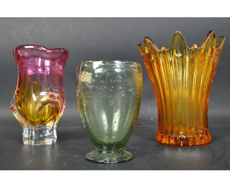 A collection of vintage retro mid 20th century glass to include a Whitefriars sea green vase with bubble control to body, a C