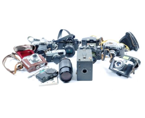 A collection of 10 x vintage 35mm &amp; other cameras. Models are: Nikon F65 - Lens AF 28-100 f3.5-5.6, Kodak Portrait Hawkey