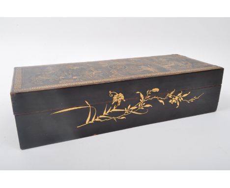 A 19th century Chinese Cantonese lacquered box having hand painted box. The box being hand painted with an intricate design f