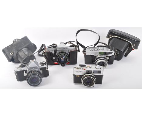 An assortment of retro vintage 20th century photographic cameras. The lot to include a Minolta Hi - Matic F camera, a Pentax 
