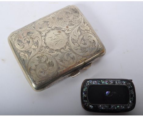 A 19th century Papier Mache snuff box of rectangular form with abalone set detailing together with a chase decorated silver E