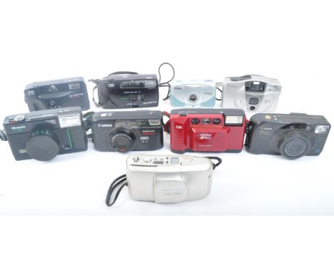 An assortment of retro vintage 20th century photographic cameras. The lot comprising of a Canon Sure Shot Telemax, an Olympus