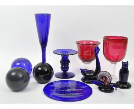 Bristol Blue - A collection of Bristol Blue and cranberry glass pieces to include owl, candlestick. plate, glasses, swan, pap