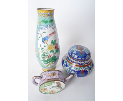 An assortment of three 20th century Chinese Oriental enamel ware. The lot to include a cloisonné lidded vase of bulbous form 