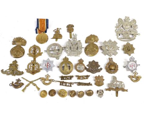 A Small Quantity of Cap Badges and Militaria, including a Victorian white metal Home Service helmet plate to the 1st Bn. Ayrs