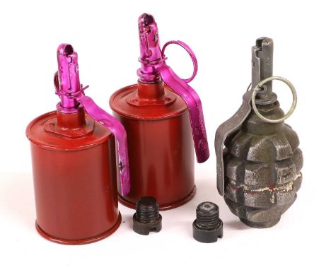 Two Inert Bulgarian RG-42 Type Prac Grenades, each with fuze assembly stamped y3PГM -69 and a transport plug; an Inert Polish