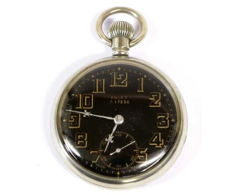 A Rolex Military Top Wind Pocket Watch, the circular black enamel dial with gilt arabic numerals enclosing a subsidiary secon
