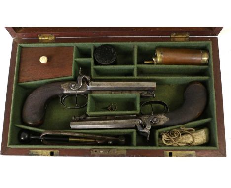 A Pair of 19th Century 40 Bore Side-by-Side Double Barrel Percussion Travelling Pistols, each with 11.5cm octagonal blued ste