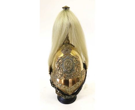 A Victorian 1847 Pattern Gilt Brass Helmet to an Officer 4th Royal Irish Dragoon Guards, with white horsehair plume, gilt aca