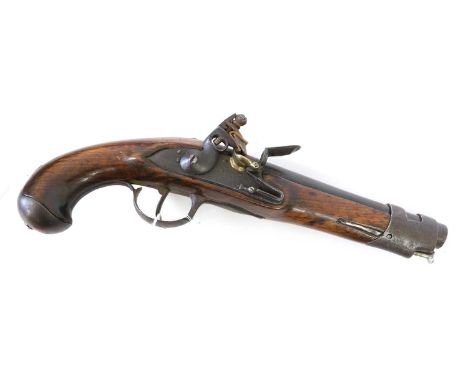 A Late 18th Century French Gendarme Flintlock Pistol, .700 calibre, smooth bore, with 18.5cm round barrel, iron lock plate wi