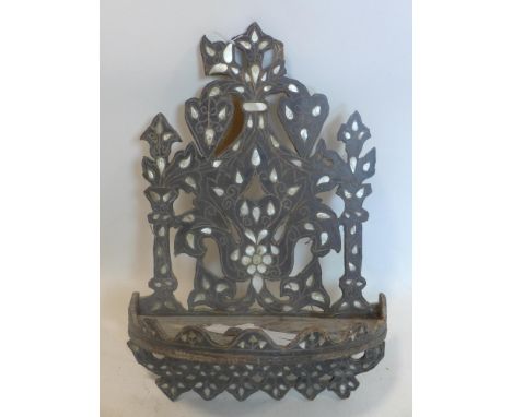 A 19th century Eastern wall mounted wooden shelf inlaid with mother of pearl and pierced decoration, H: 53 x W: 37cm 