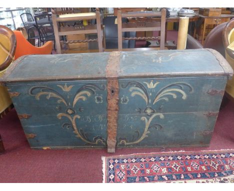 An early 18th century hand painted trunk, with iron mounts, dated 1724, H.69 W.48 D.62cm 