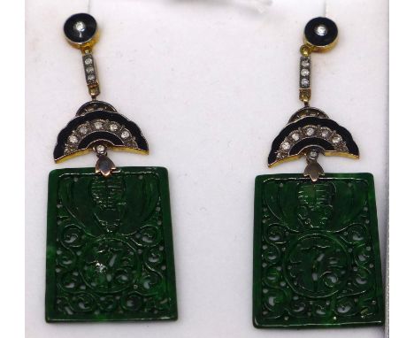 A boxed pair of 18ct yellow gold Art Deco style earrings set with brilliant-cut diamonds and onyx suspended by rectangular ca