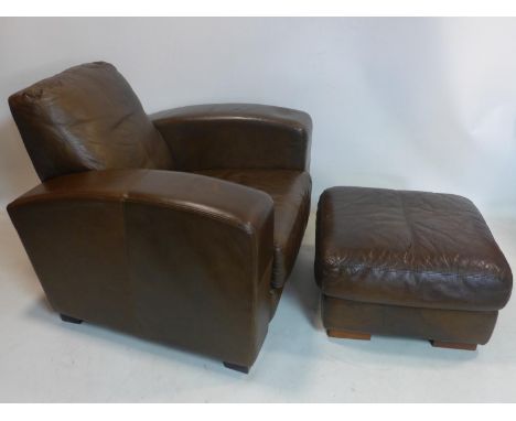 An Art Deco style leather armchair and matching stool 