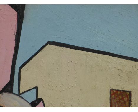 An oil on board abstract study in light blue, pink, cream, white and red, in giltwood frame, 43 x 57cm 