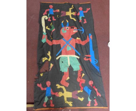 An early 20th century folk art tapestry decpiting horned beast and other figures, damaged, 168 x 96cm 