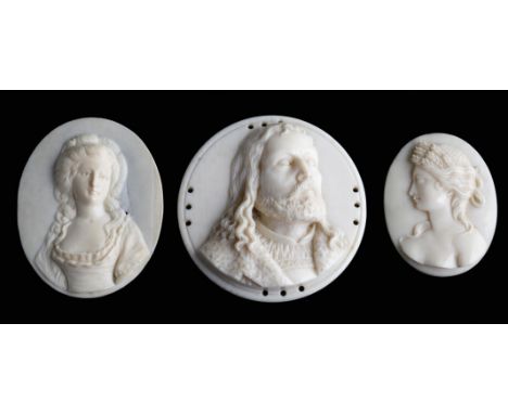 λ Three relief carved ivory portrait medallions, one after Albrecht Dürer's self-portrait as Christ, the verso etched 'ALBREC