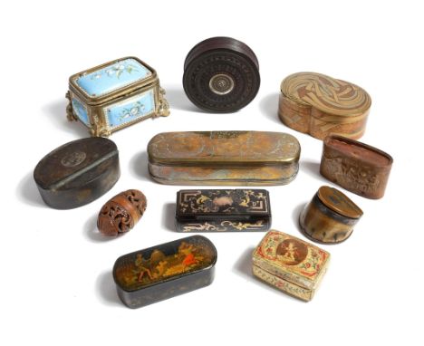 λ A collection of boxes, including: an early 19th century treen lignum vitae and ivory engine turned circular snuff box, a Ru