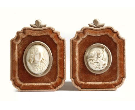 λ Two 19th century Italian carved ivory rondels, one with St. George and the Dragon the other with a portrait of a knight, ea