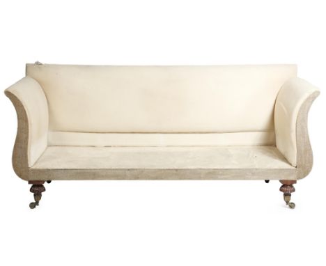 A scroll end sofa of country house proportions, on mahogany ribbed mushroom feet and leaf cast brass caps and castors, 93.5cm