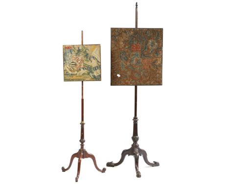 A George III mahogany pole firescreen, with an adjustable petit-point floral needlework panel, above a fluted stem on leaf ca