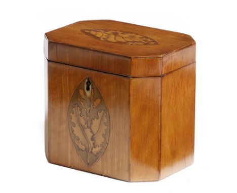 A George III satinwood tea caddy, of canted rectangular form, the hinged lid inlaid with a marquetry conch shell, with a vaca